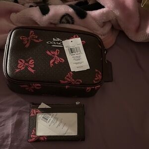 New COACH Mini Jamie Camera Bag With Bow Print Coach Brown Pink Bow Card Holder